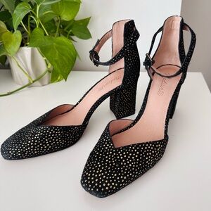 MADEWELL The Dove High-Heel Sandal in Metallic Dot Calf Hair Gold Black Size 9.5